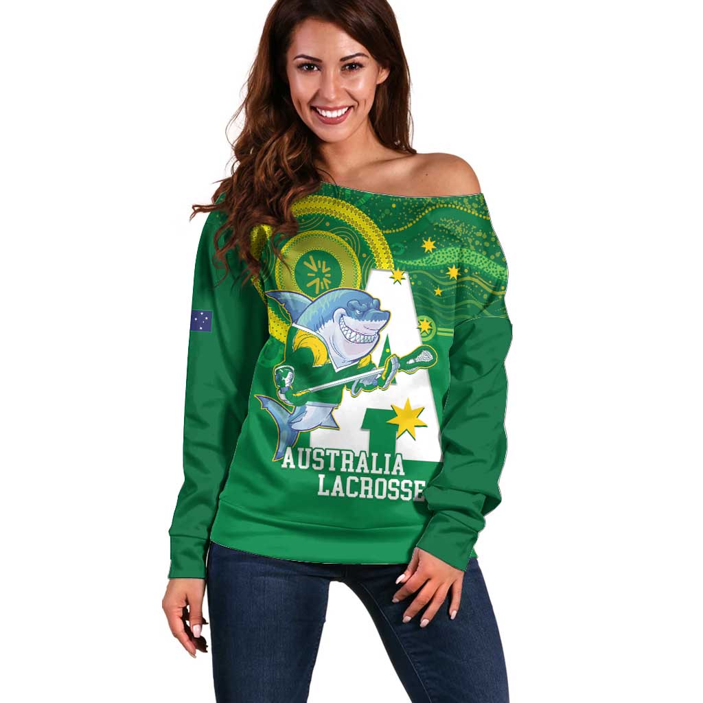 Custom Australia Lacrosse Off Shoulder Sweater Go Aussie Shark Aboriginal Art