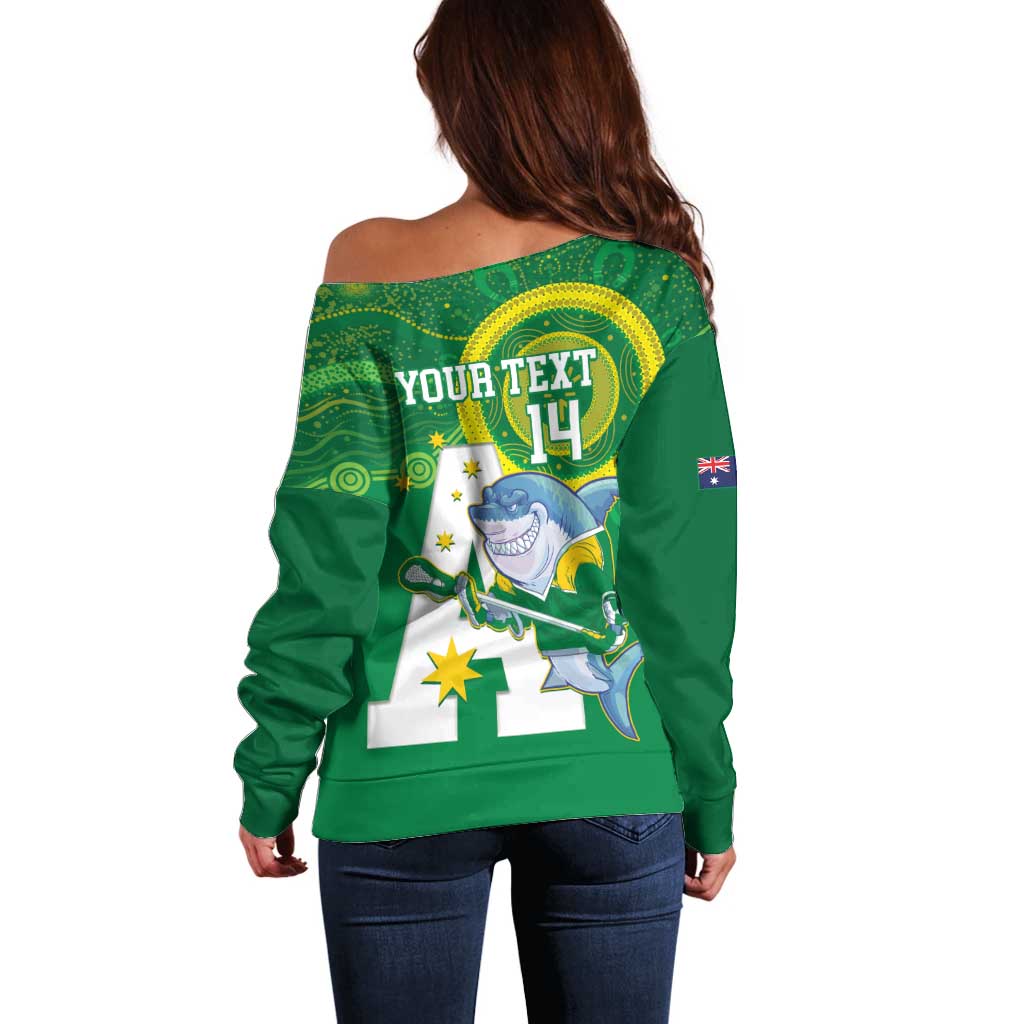 Custom Australia Lacrosse Off Shoulder Sweater Go Aussie Shark Aboriginal Art