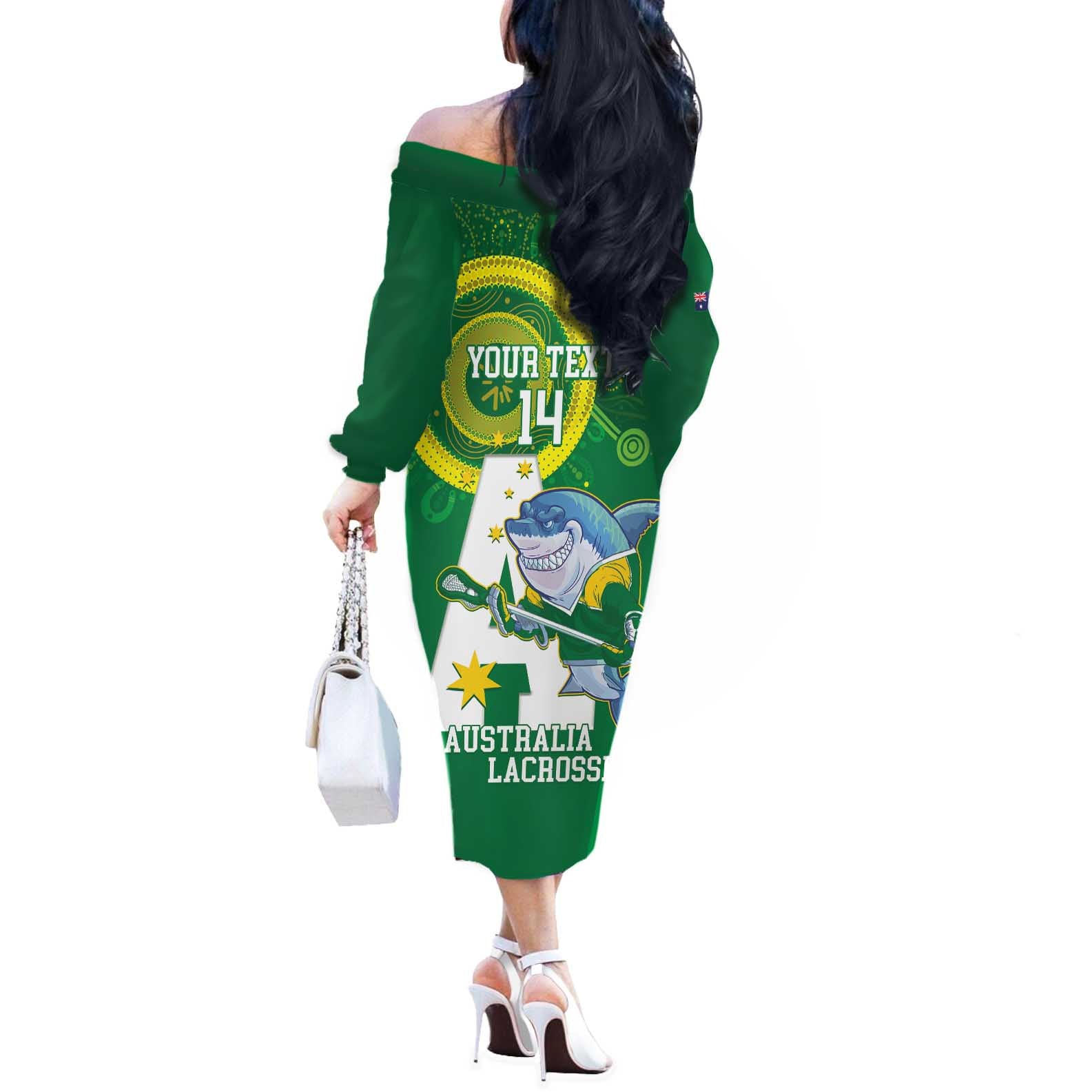 Custom Australia Lacrosse Off The Shoulder Long Sleeve Dress Go Aussie Shark Aboriginal Art