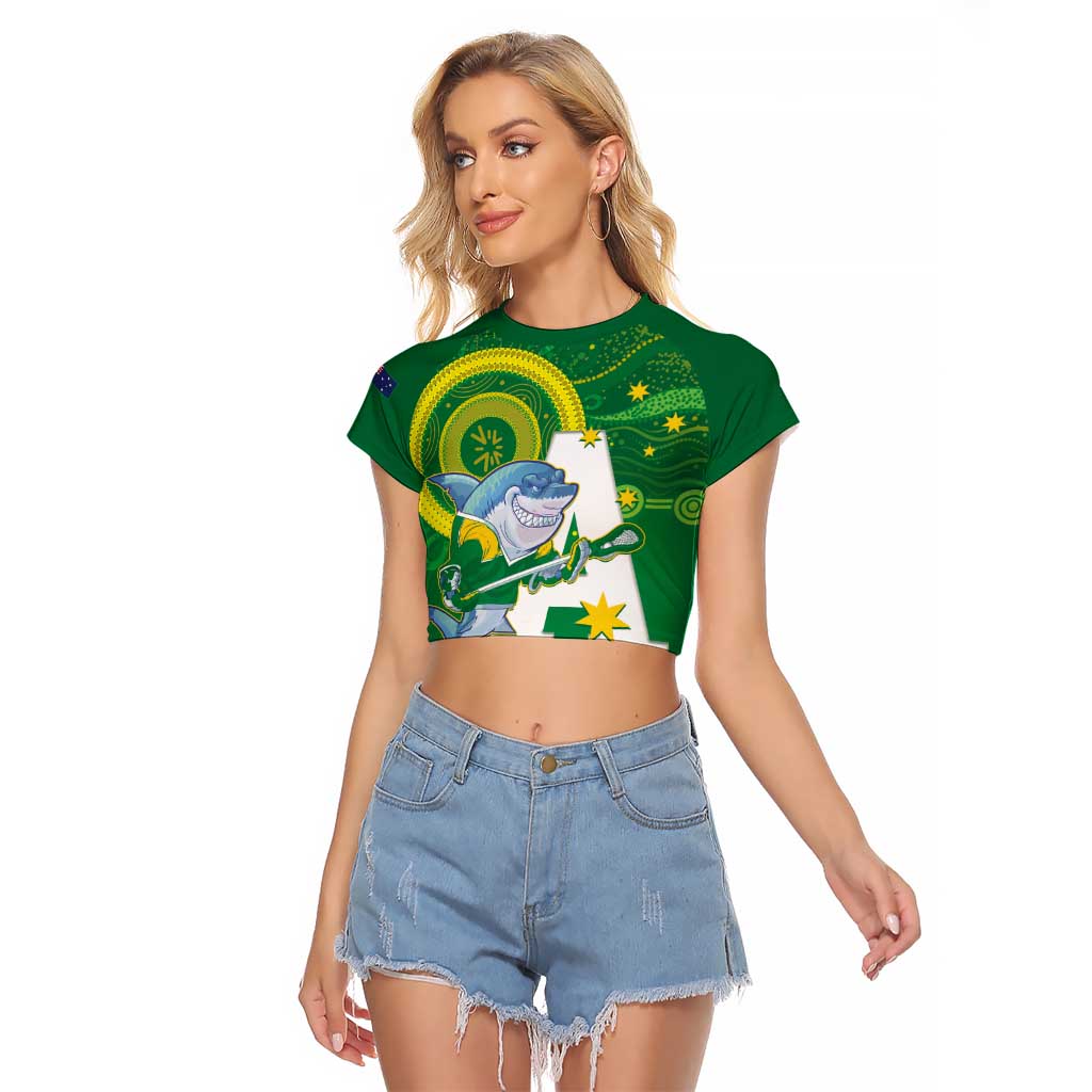 Custom Australia Lacrosse Raglan Cropped T Shirt Go Aussie Shark Aboriginal Art