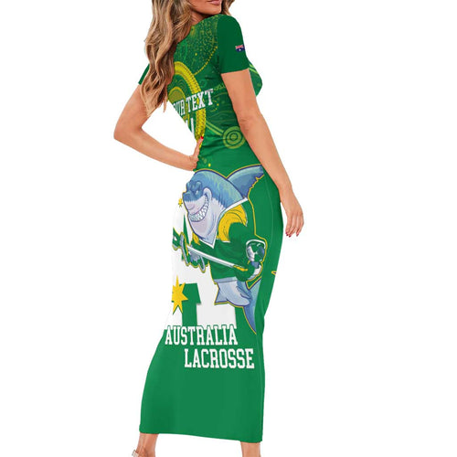 Custom Australia Lacrosse Short Sleeve Bodycon Dress Go Aussie Shark Aboriginal Art