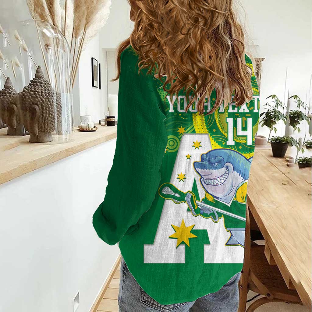 Custom Australia Lacrosse Women Casual Shirt Go Aussie Shark Aboriginal Art