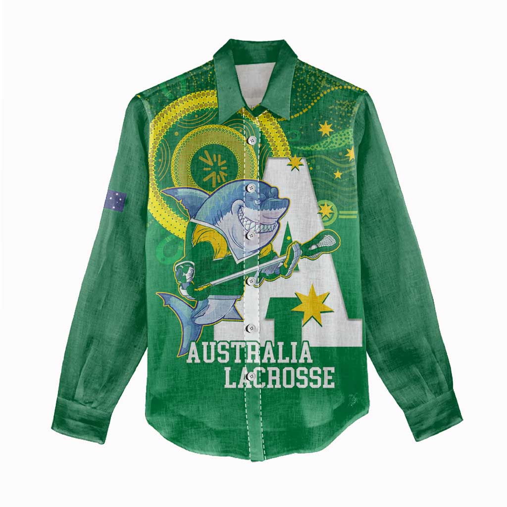 Custom Australia Lacrosse Women Casual Shirt Go Aussie Shark Aboriginal Art
