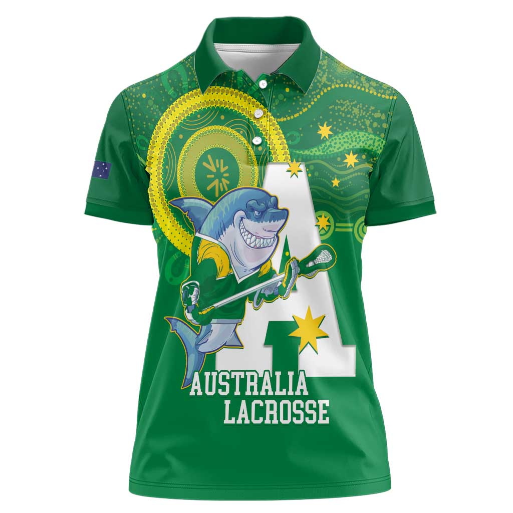 Custom Australia Lacrosse Women Polo Shirt Go Aussie Shark Aboriginal Art