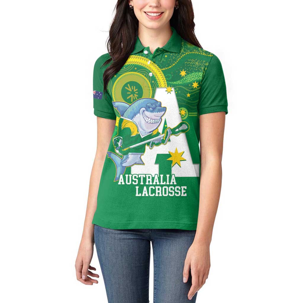 Custom Australia Lacrosse Women Polo Shirt Go Aussie Shark Aboriginal Art