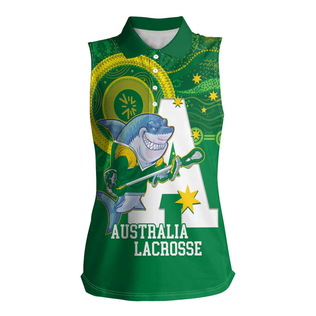 Custom Australia Lacrosse Women Sleeveless Polo Shirt Go Aussie Shark Aboriginal Art