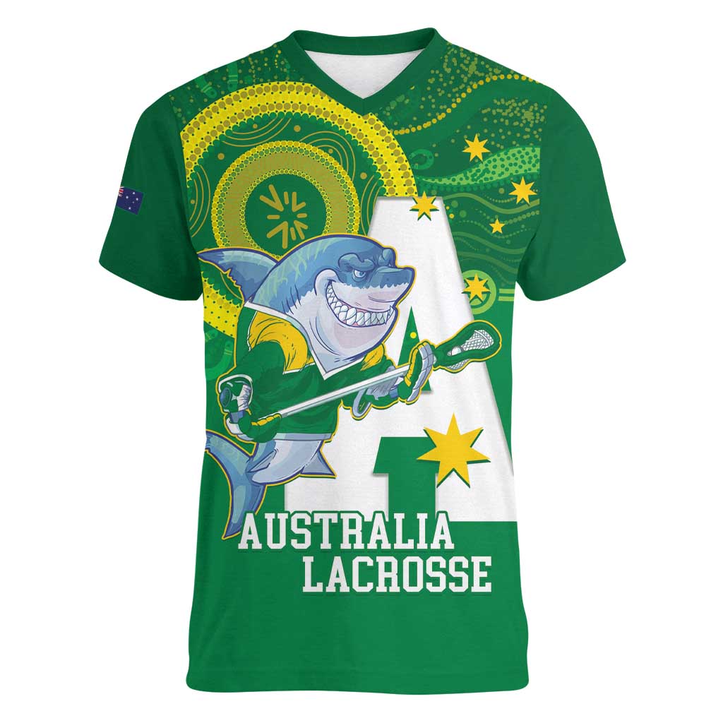 Custom Australia Lacrosse Women V-Neck T-Shirt Go Aussie Shark Aboriginal Art