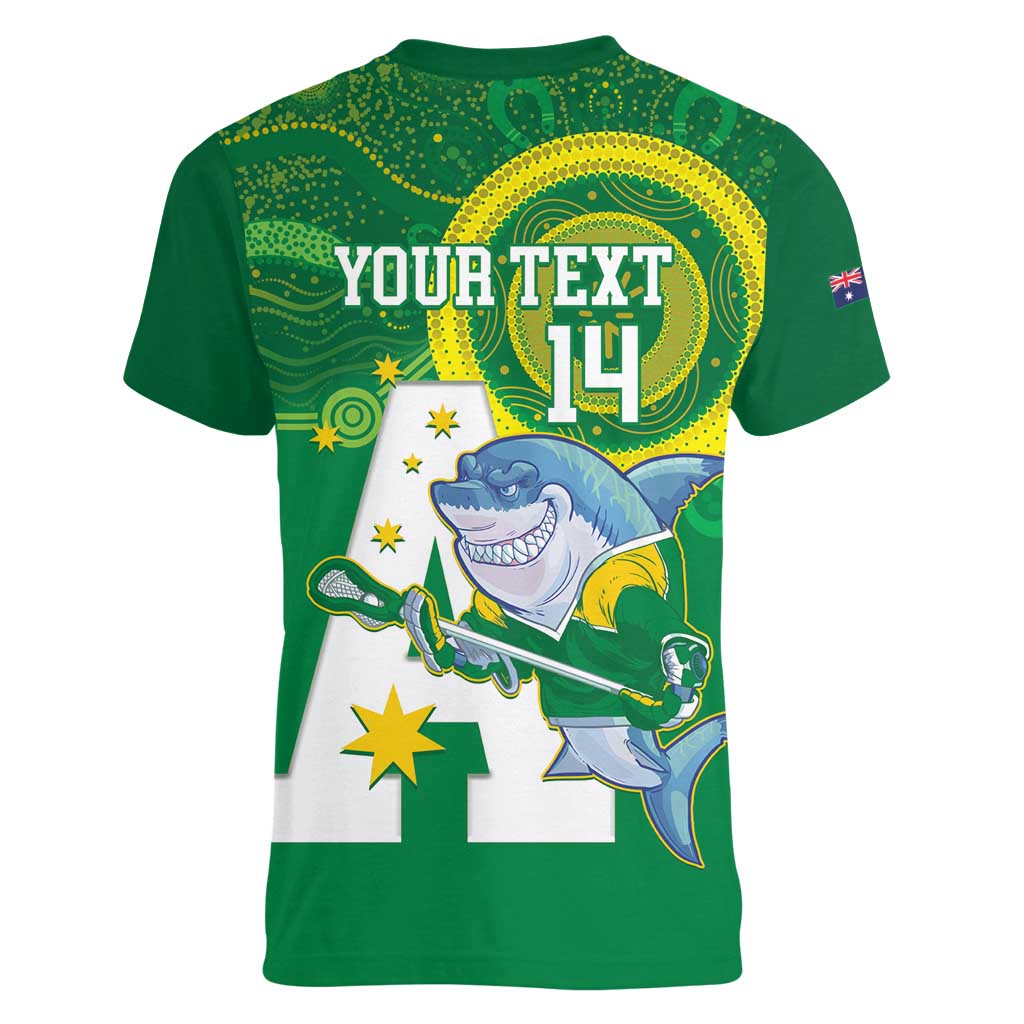 Custom Australia Lacrosse Women V-Neck T-Shirt Go Aussie Shark Aboriginal Art