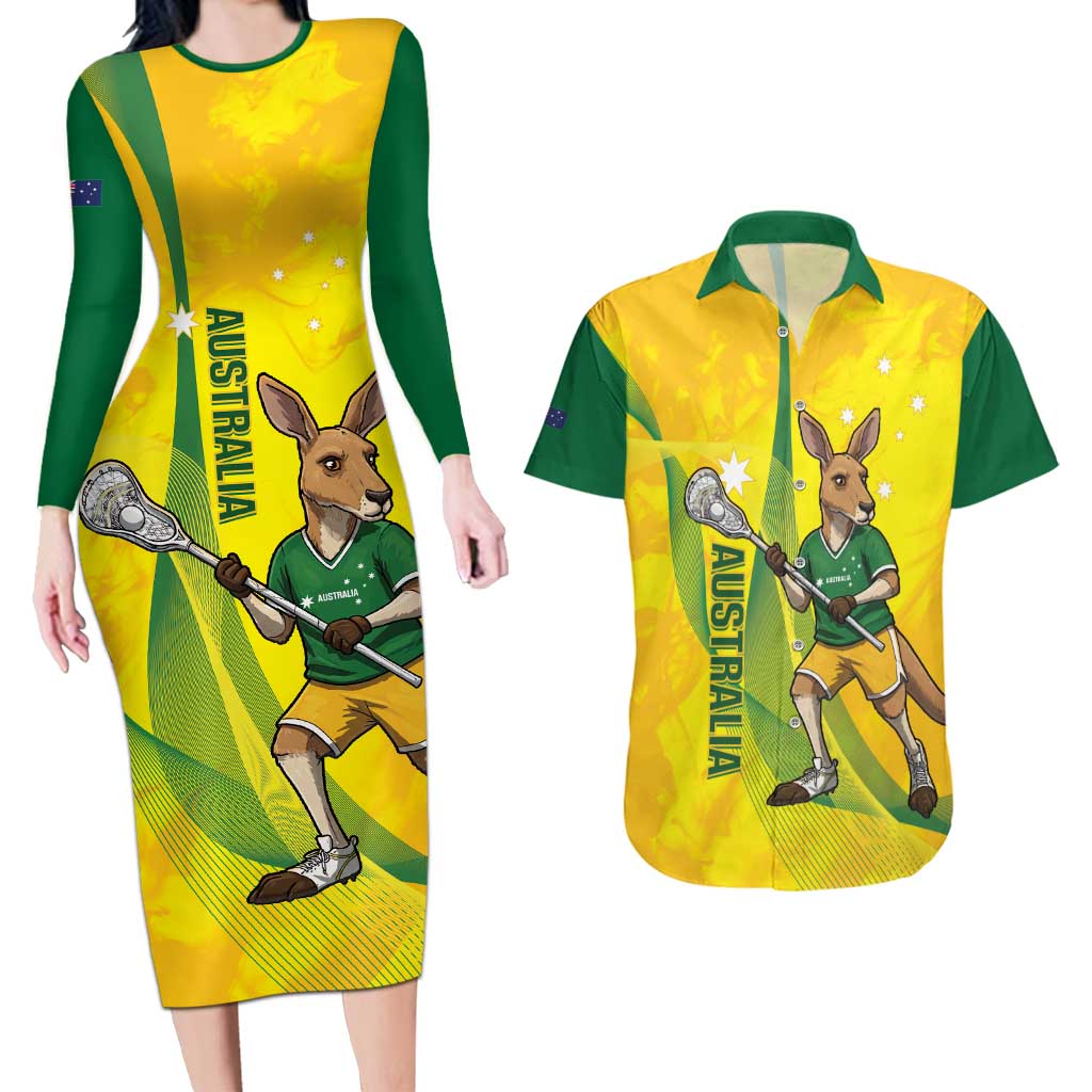 Personalised Australia Lacrosse Couples Matching Long Sleeve Bodycon Dress and Hawaiian Shirt Go Aussie Kangaroo Dynamic Style