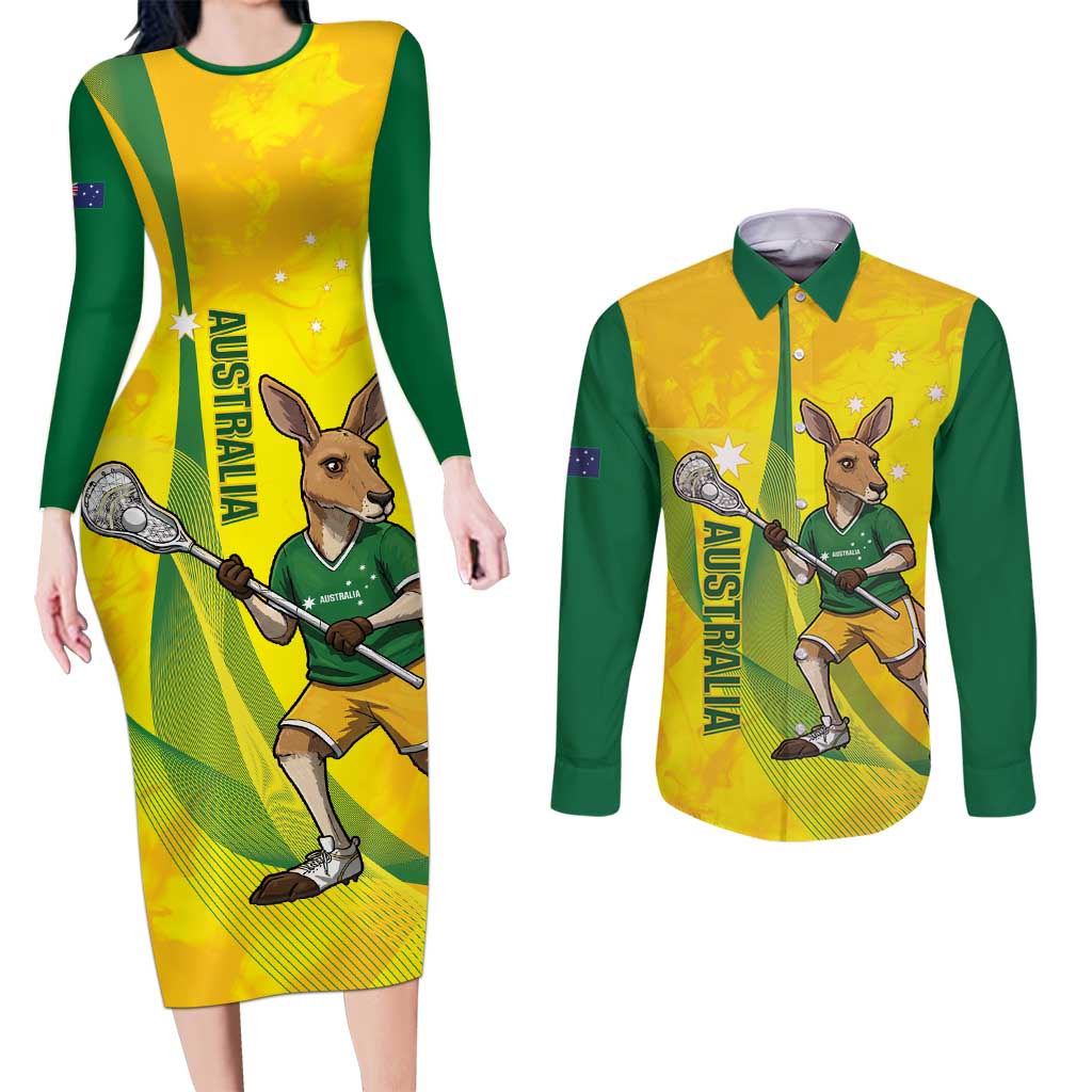 Personalised Australia Lacrosse Couples Matching Long Sleeve Bodycon Dress and Long Sleeve Button Shirt Go Aussie Kangaroo Dynamic Style
