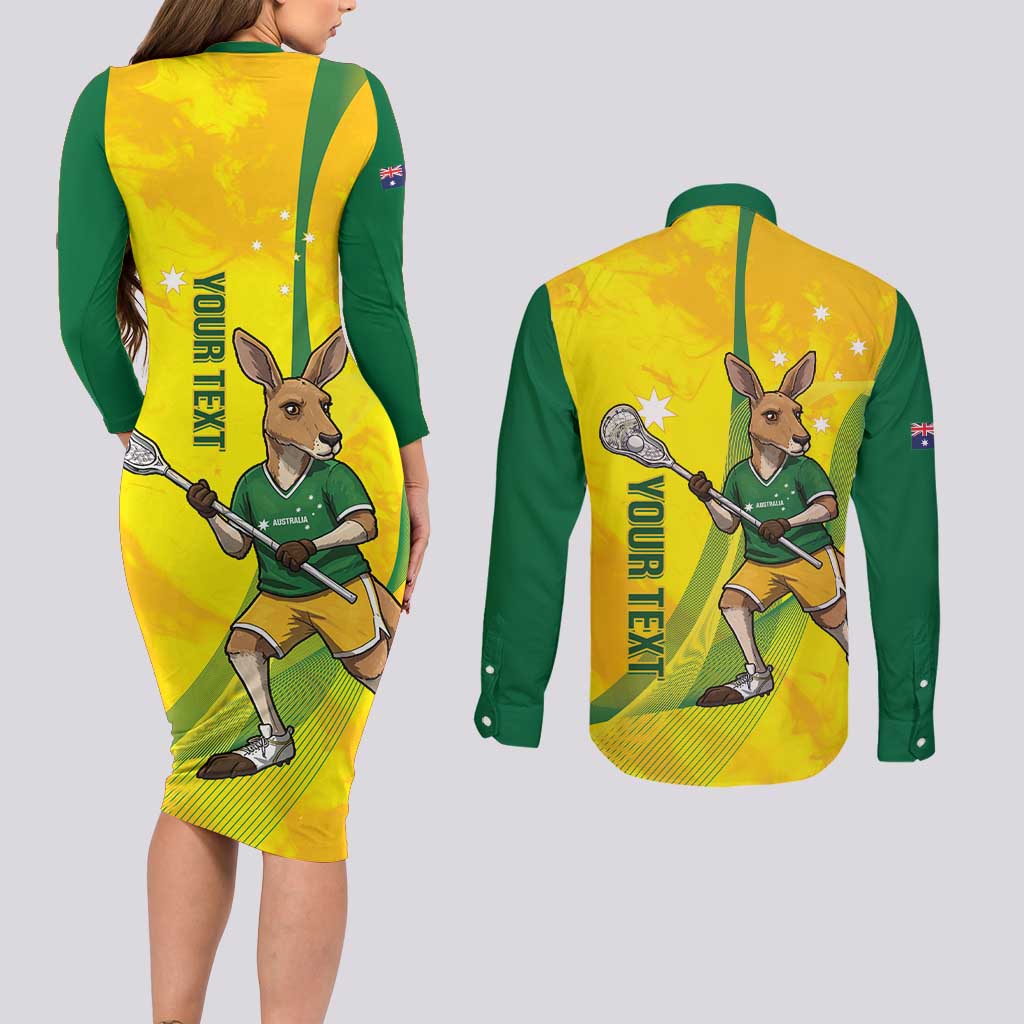 Personalised Australia Lacrosse Couples Matching Long Sleeve Bodycon Dress and Long Sleeve Button Shirt Go Aussie Kangaroo Dynamic Style