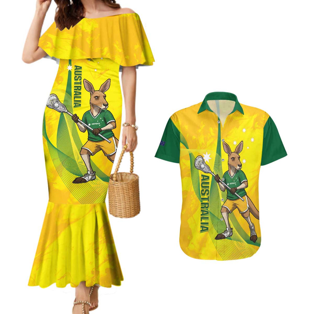 Personalised Australia Lacrosse Couples Matching Mermaid Dress and Hawaiian Shirt Go Aussie Kangaroo Dynamic Style