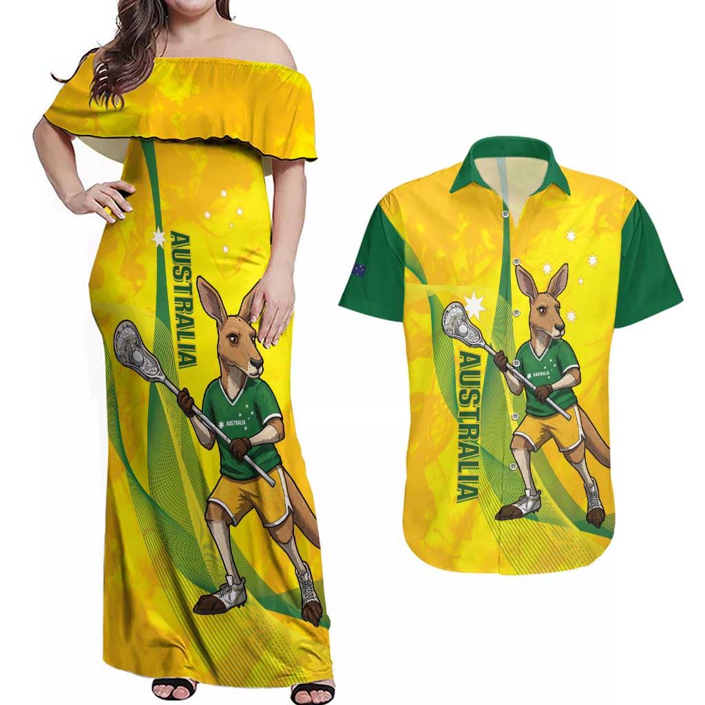 Personalised Australia Lacrosse Couples Matching Off Shoulder Maxi Dress and Hawaiian Shirt Go Aussie Kangaroo Dynamic Style