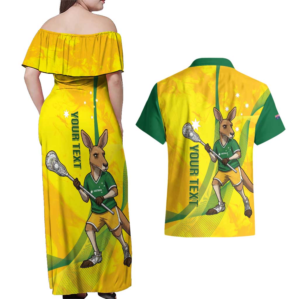 Personalised Australia Lacrosse Couples Matching Off Shoulder Maxi Dress and Hawaiian Shirt Go Aussie Kangaroo Dynamic Style