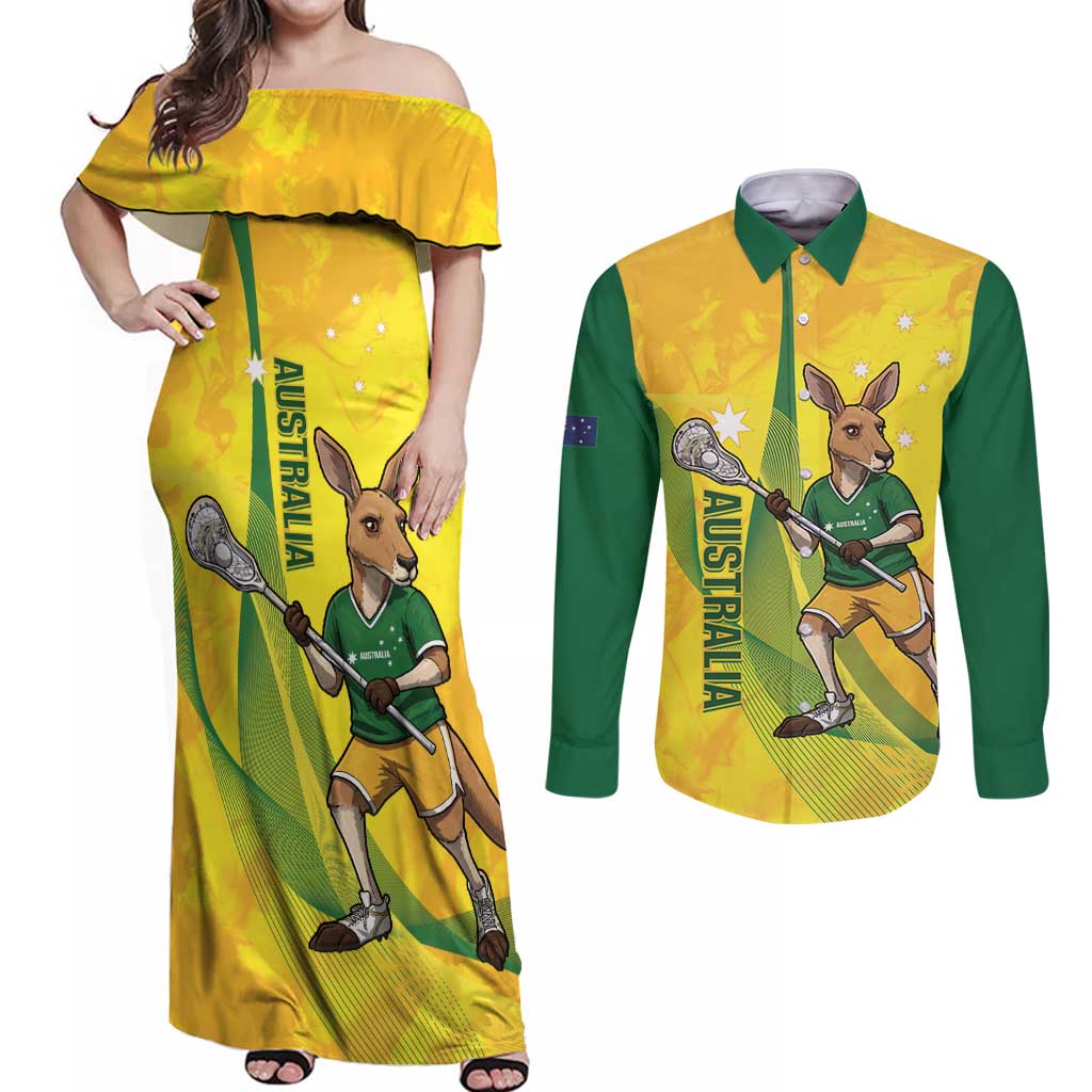Personalised Australia Lacrosse Couples Matching Off Shoulder Maxi Dress and Long Sleeve Button Shirt Go Aussie Kangaroo Dynamic Style