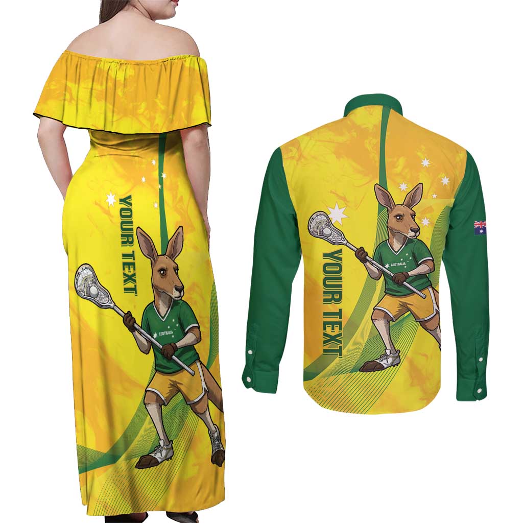 Personalised Australia Lacrosse Couples Matching Off Shoulder Maxi Dress and Long Sleeve Button Shirt Go Aussie Kangaroo Dynamic Style