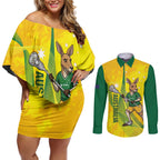 Personalised Australia Lacrosse Couples Matching Off Shoulder Short Dress and Long Sleeve Button Shirt Go Aussie Kangaroo Dynamic Style