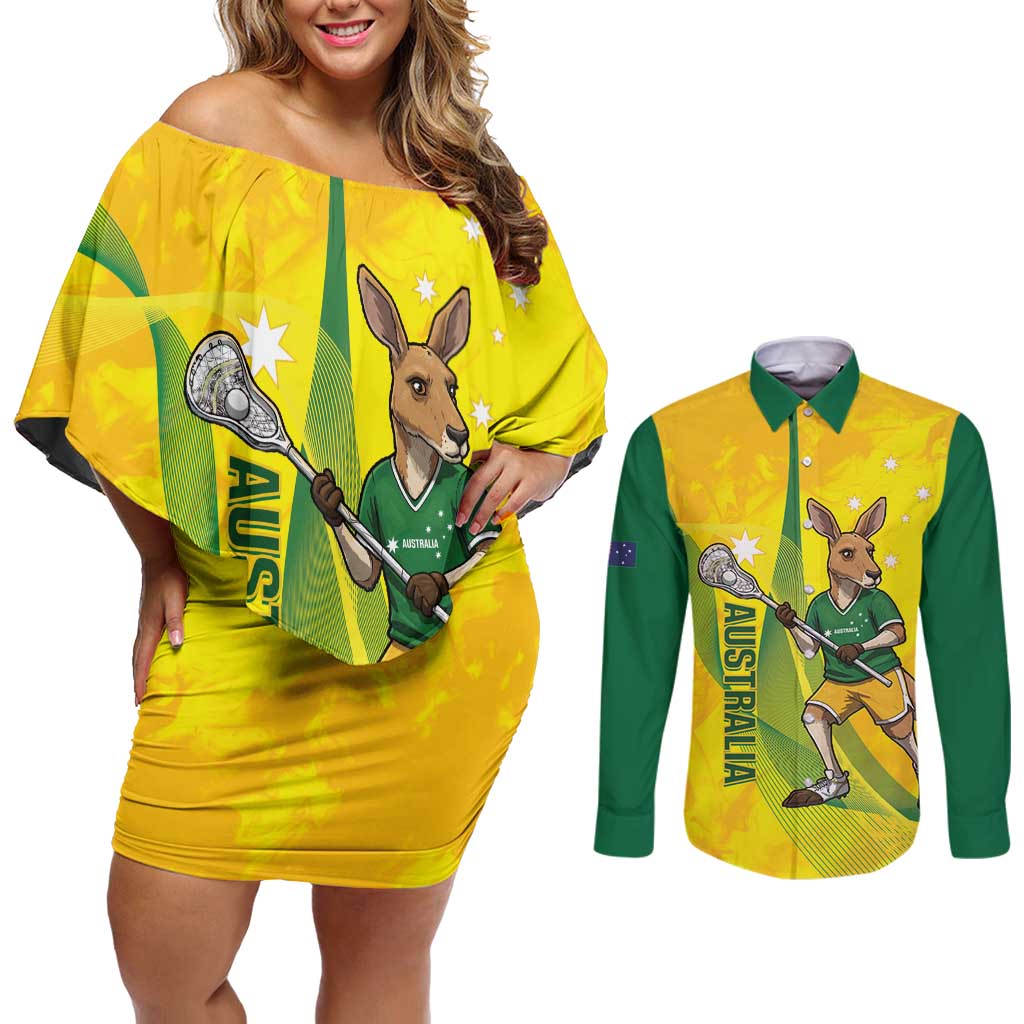 Personalised Australia Lacrosse Couples Matching Off Shoulder Short Dress and Long Sleeve Button Shirt Go Aussie Kangaroo Dynamic Style