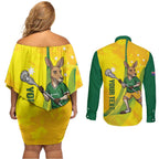 Personalised Australia Lacrosse Couples Matching Off Shoulder Short Dress and Long Sleeve Button Shirt Go Aussie Kangaroo Dynamic Style