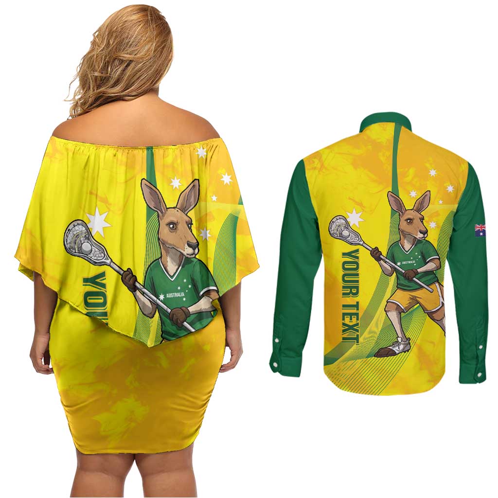 Personalised Australia Lacrosse Couples Matching Off Shoulder Short Dress and Long Sleeve Button Shirt Go Aussie Kangaroo Dynamic Style