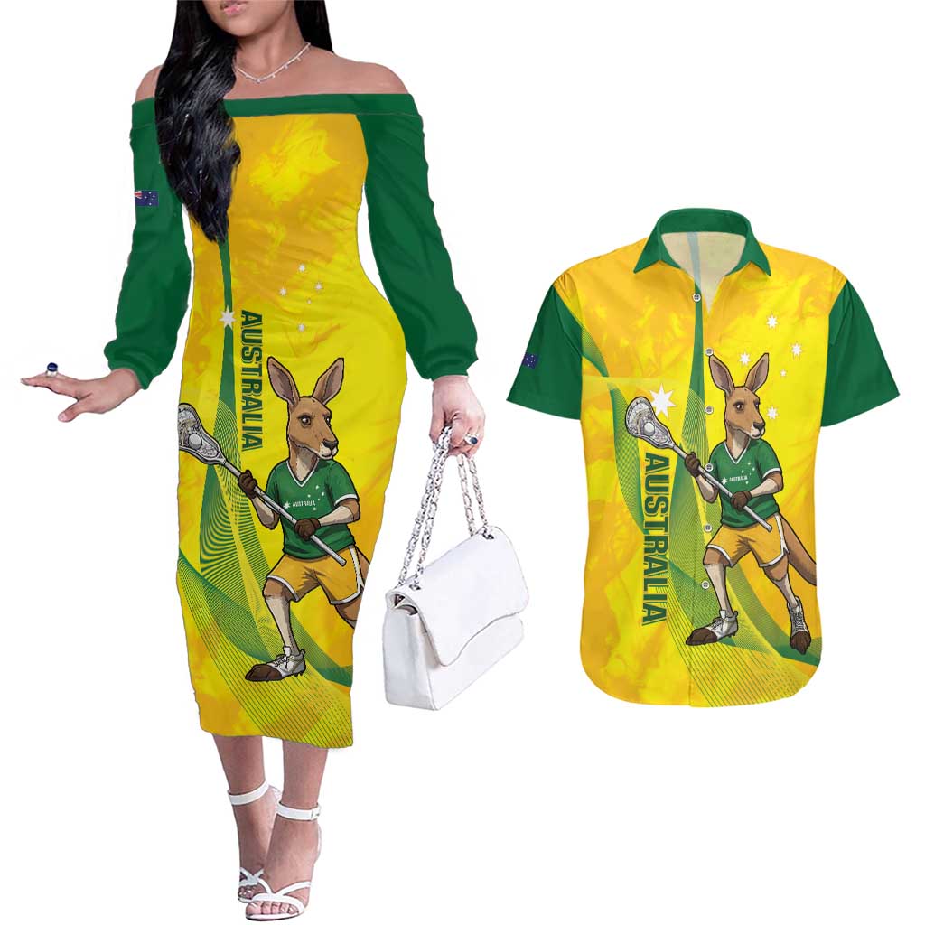Personalised Australia Lacrosse Couples Matching Off The Shoulder Long Sleeve Dress and Hawaiian Shirt Go Aussie Kangaroo Dynamic Style