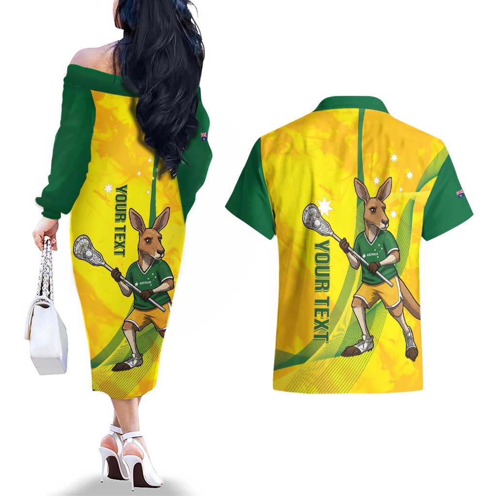 Personalised Australia Lacrosse Couples Matching Off The Shoulder Long Sleeve Dress and Hawaiian Shirt Go Aussie Kangaroo Dynamic Style