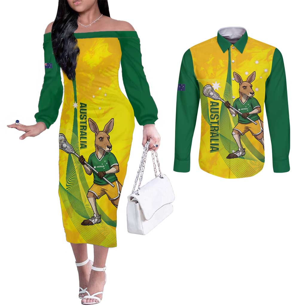 Personalised Australia Lacrosse Couples Matching Off The Shoulder Long Sleeve Dress and Long Sleeve Button Shirt Go Aussie Kangaroo Dynamic Style