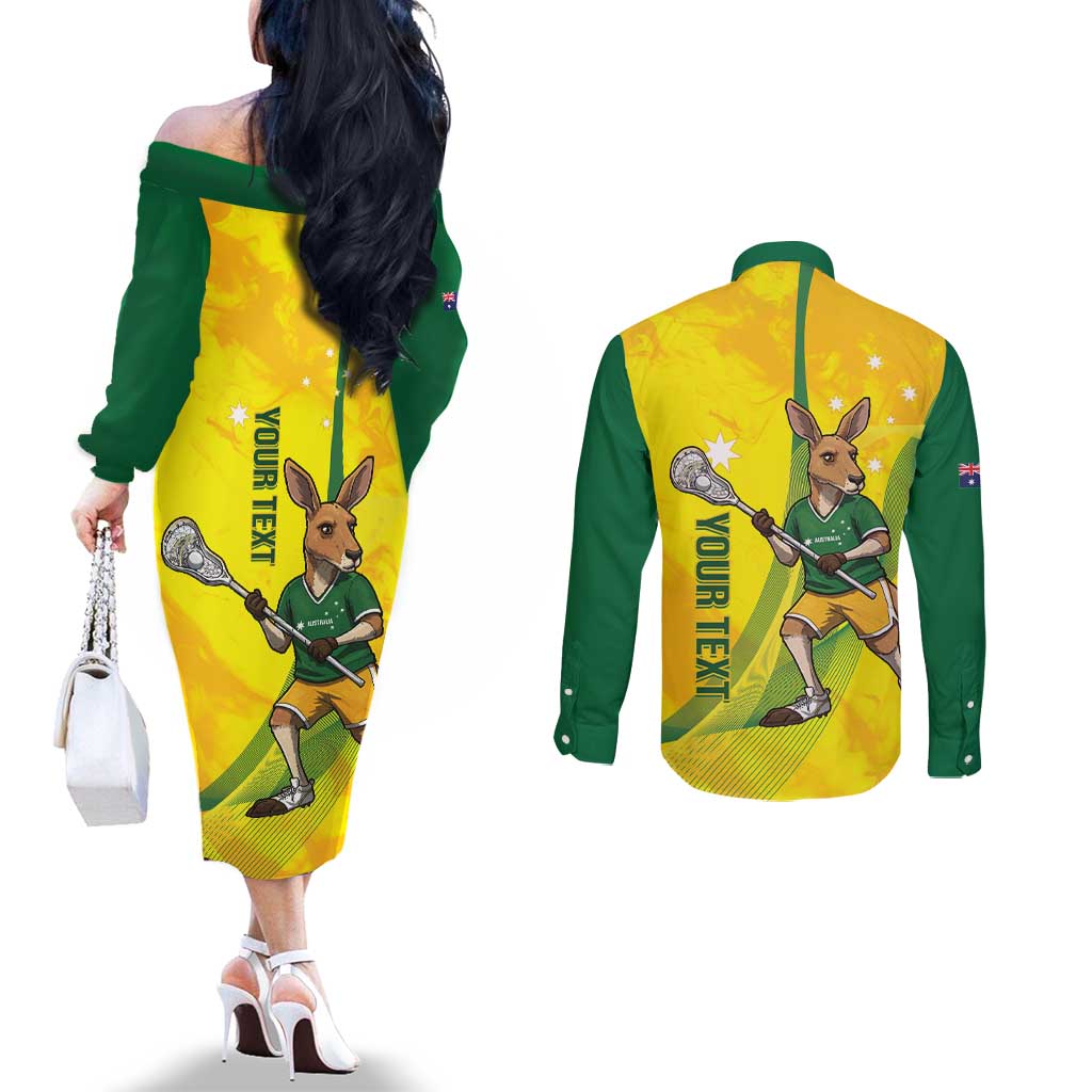 Personalised Australia Lacrosse Couples Matching Off The Shoulder Long Sleeve Dress and Long Sleeve Button Shirt Go Aussie Kangaroo Dynamic Style