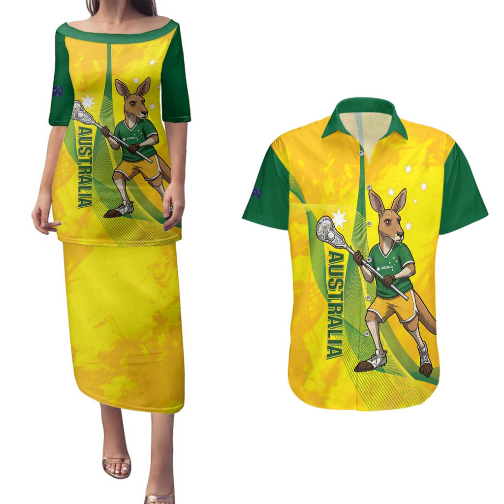 Personalised Australia Lacrosse Couples Matching Puletasi and Hawaiian Shirt Go Aussie Kangaroo Dynamic Style