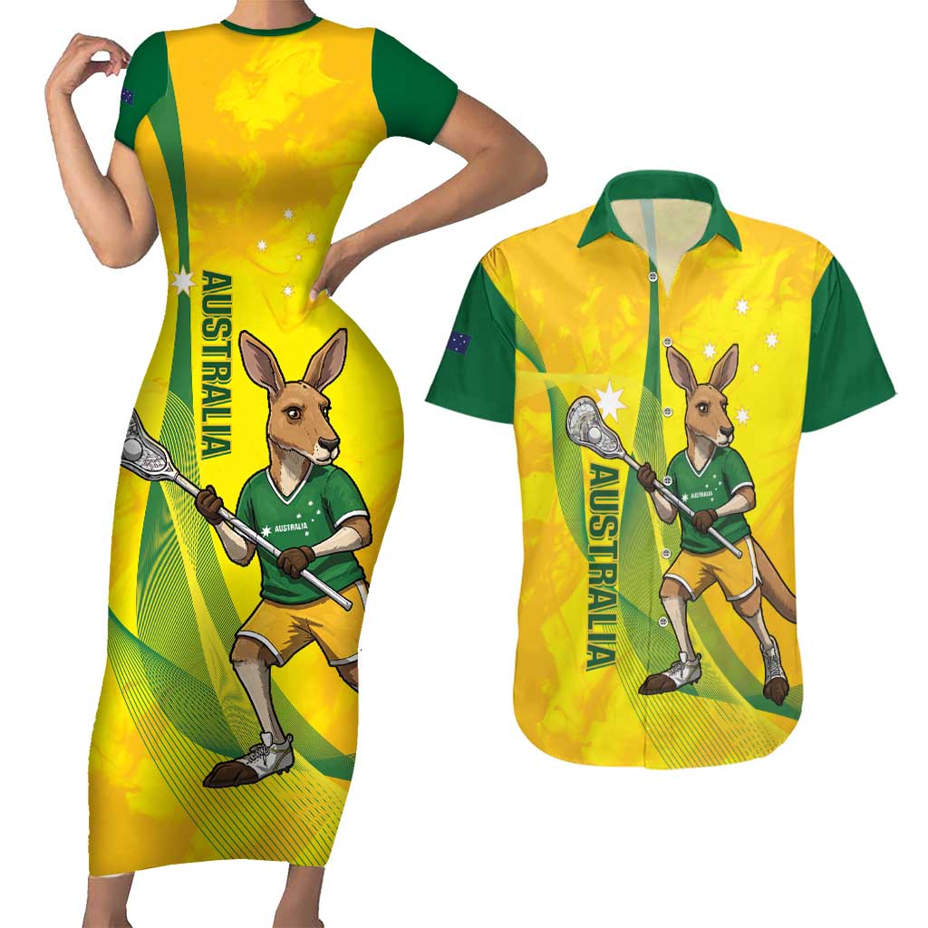 Personalised Australia Lacrosse Couples Matching Short Sleeve Bodycon Dress and Hawaiian Shirt Go Aussie Kangaroo Dynamic Style
