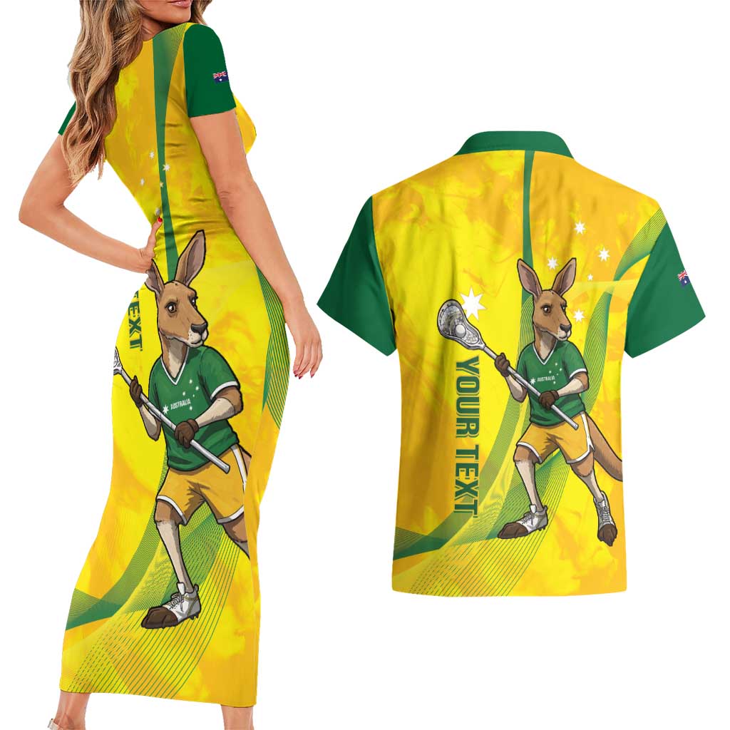 Personalised Australia Lacrosse Couples Matching Short Sleeve Bodycon Dress and Hawaiian Shirt Go Aussie Kangaroo Dynamic Style