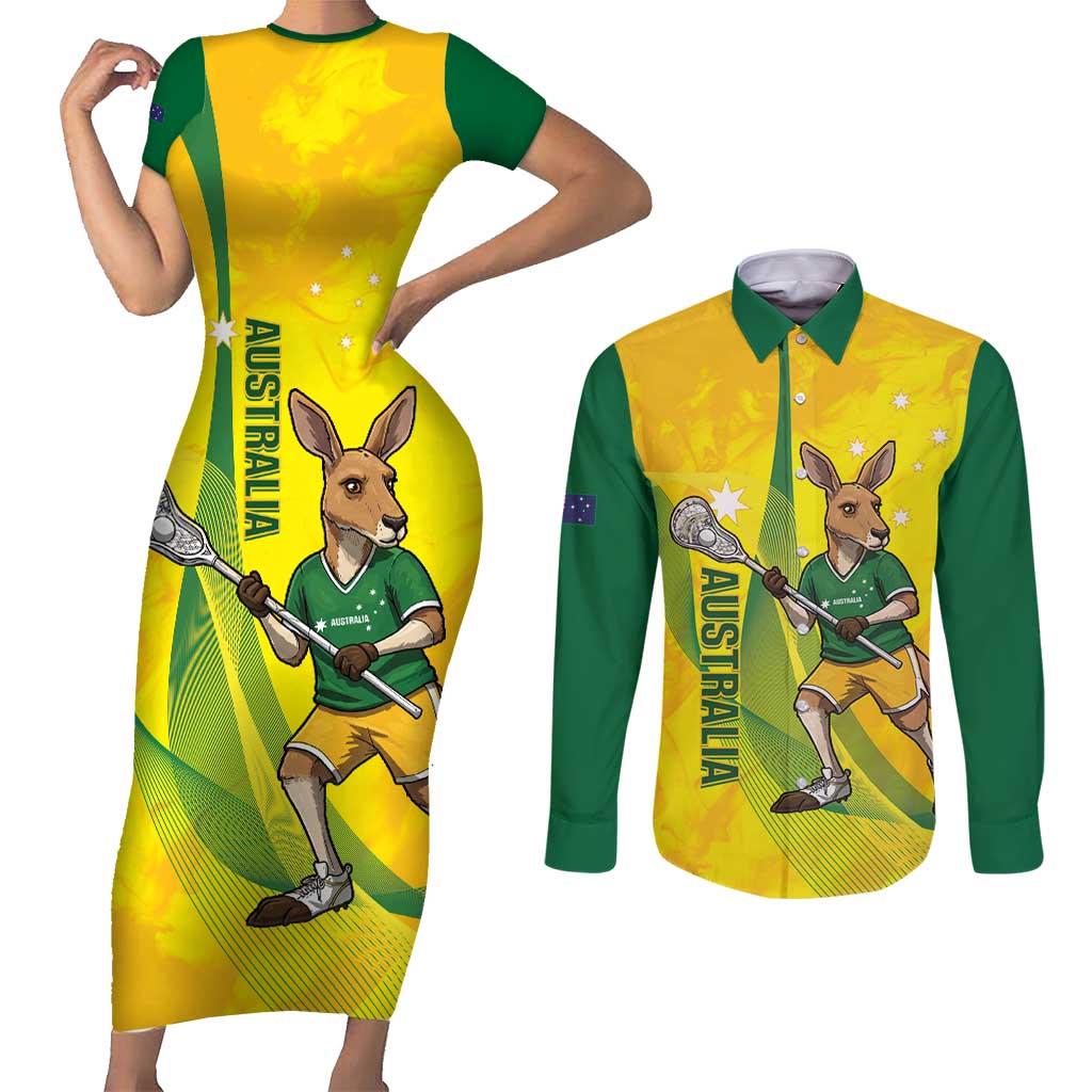 Personalised Australia Lacrosse Couples Matching Short Sleeve Bodycon Dress and Long Sleeve Button Shirt Go Aussie Kangaroo Dynamic Style