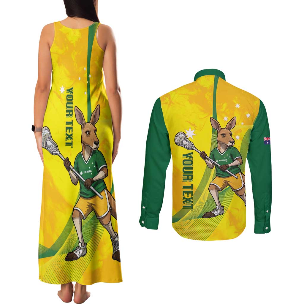 Personalised Australia Lacrosse Couples Matching Tank Maxi Dress and Long Sleeve Button Shirt Go Aussie Kangaroo Dynamic Style