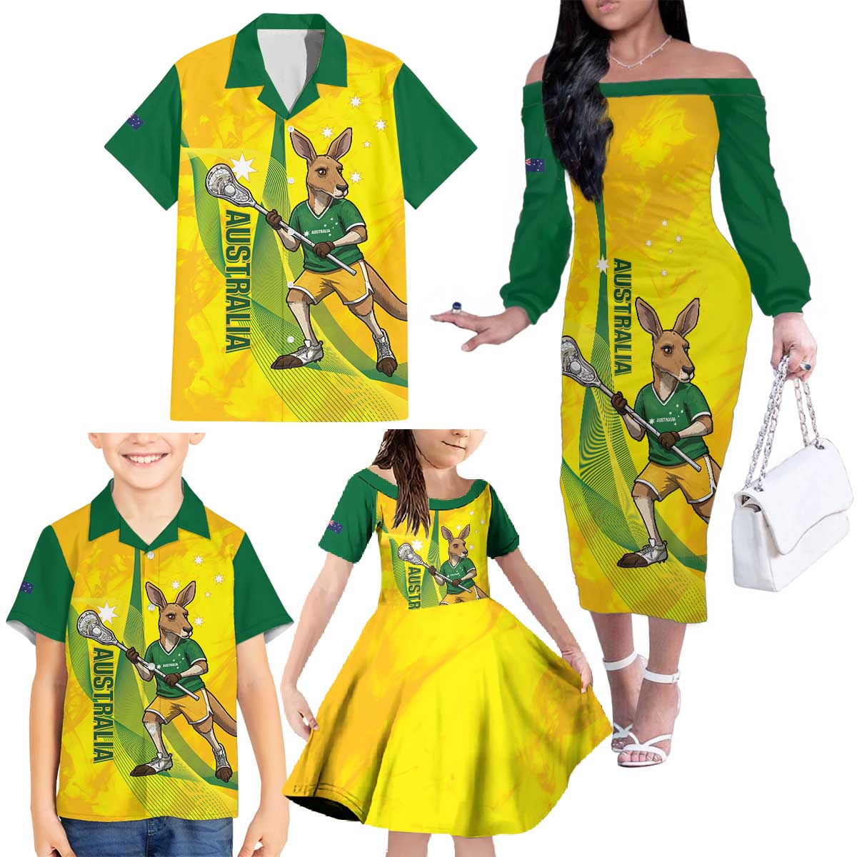 Personalised Australia Lacrosse Family Matching Off The Shoulder Long Sleeve Dress and Hawaiian Shirt Go Aussie Kangaroo Dynamic Style