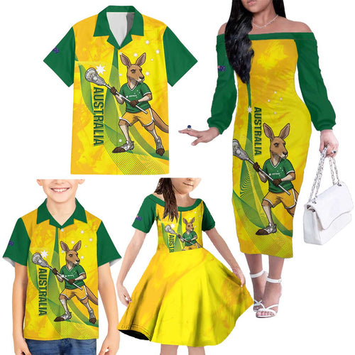 Personalised Australia Lacrosse Family Matching Off The Shoulder Long Sleeve Dress and Hawaiian Shirt Go Aussie Kangaroo Dynamic Style