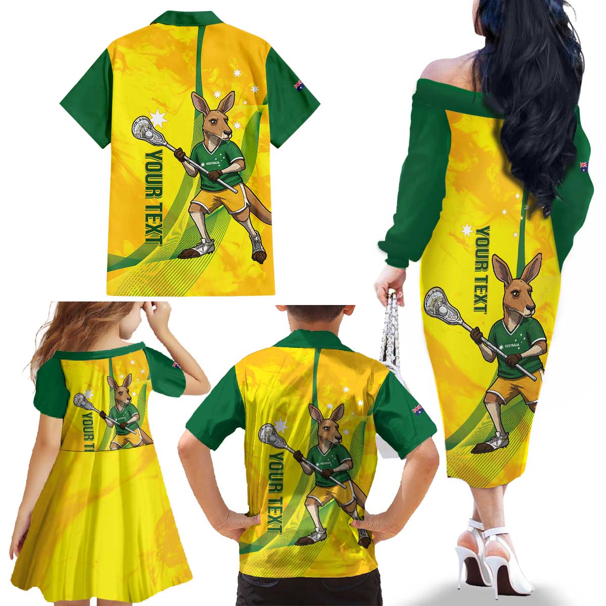 Personalised Australia Lacrosse Family Matching Off The Shoulder Long Sleeve Dress and Hawaiian Shirt Go Aussie Kangaroo Dynamic Style