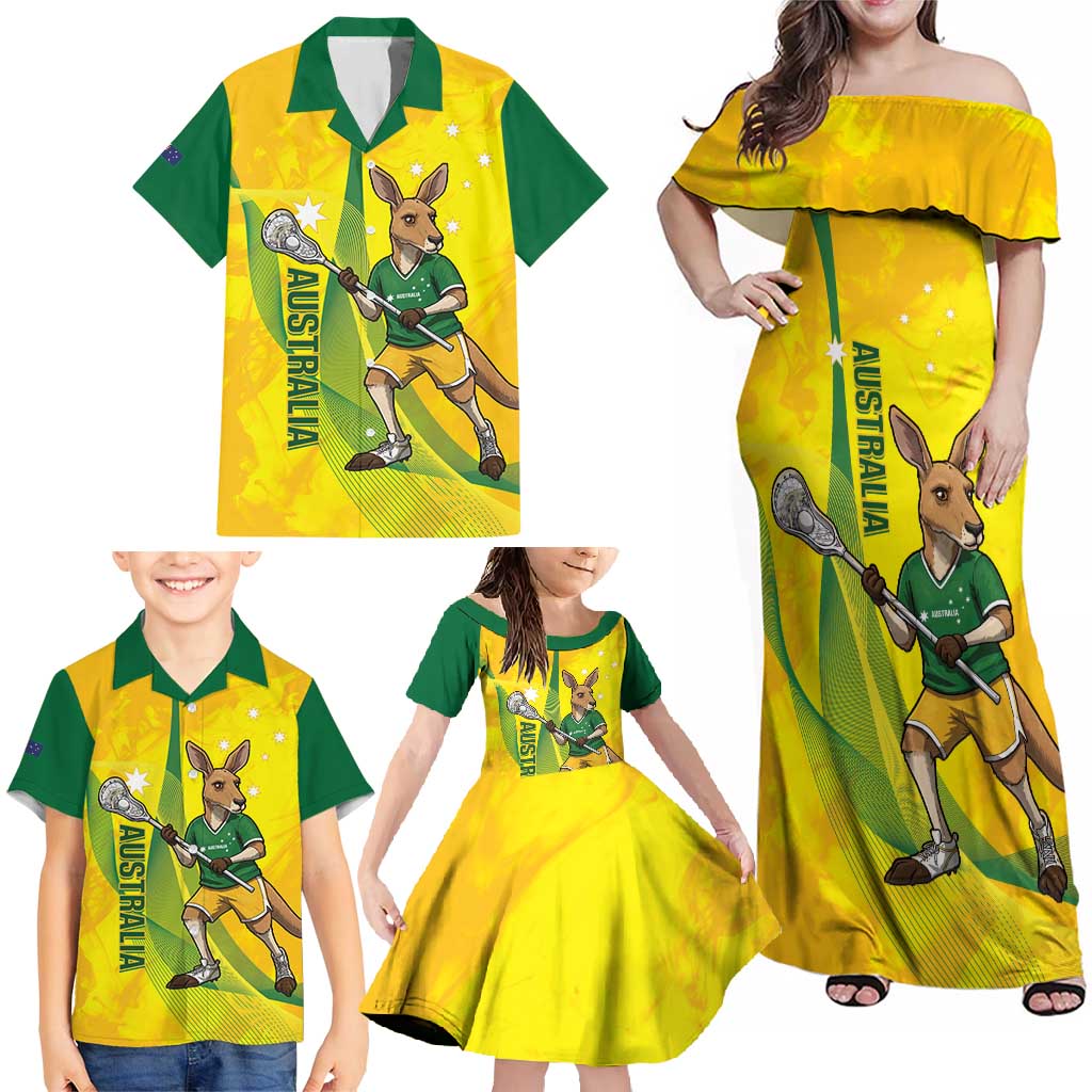 Personalised Australia Lacrosse Family Matching Off Shoulder Maxi Dress and Hawaiian Shirt Go Aussie Kangaroo Dynamic Style