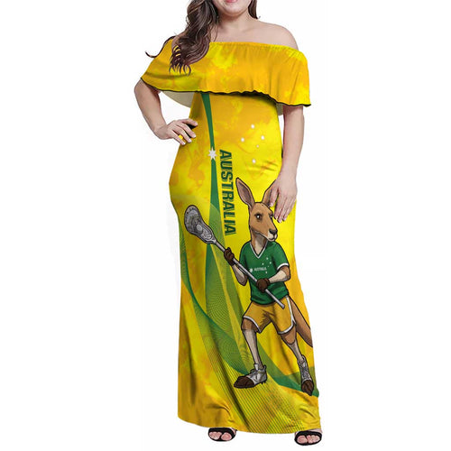 Personalised Australia Lacrosse Family Matching Off Shoulder Maxi Dress and Hawaiian Shirt Go Aussie Kangaroo Dynamic Style