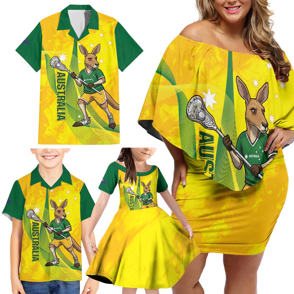 Personalised Australia Lacrosse Family Matching Off Shoulder Short Dress and Hawaiian Shirt Go Aussie Kangaroo Dynamic Style