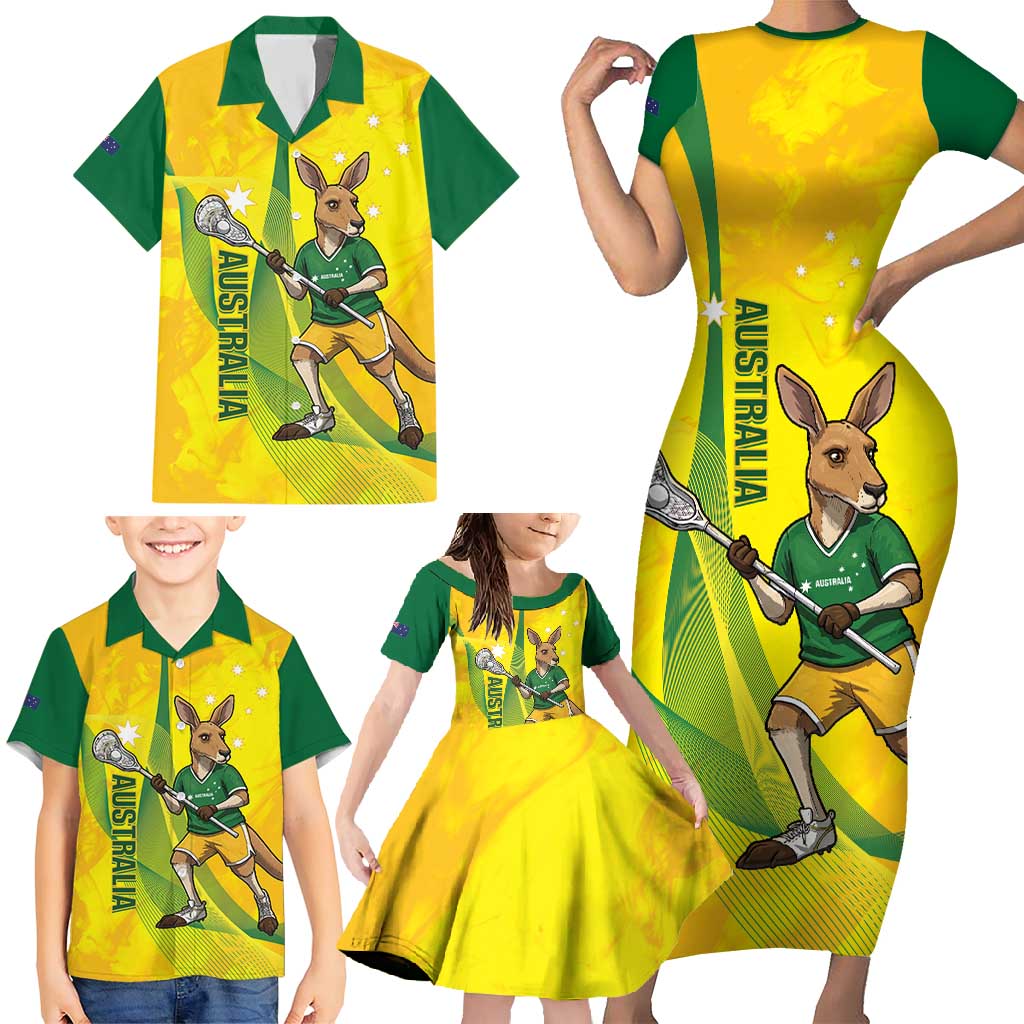 Personalised Australia Lacrosse Family Matching Short Sleeve Bodycon Dress and Hawaiian Shirt Go Aussie Kangaroo Dynamic Style