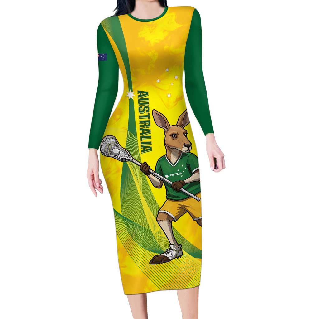 Personalised Australia Lacrosse Long Sleeve Bodycon Dress Go Aussie Kangaroo Dynamic Style