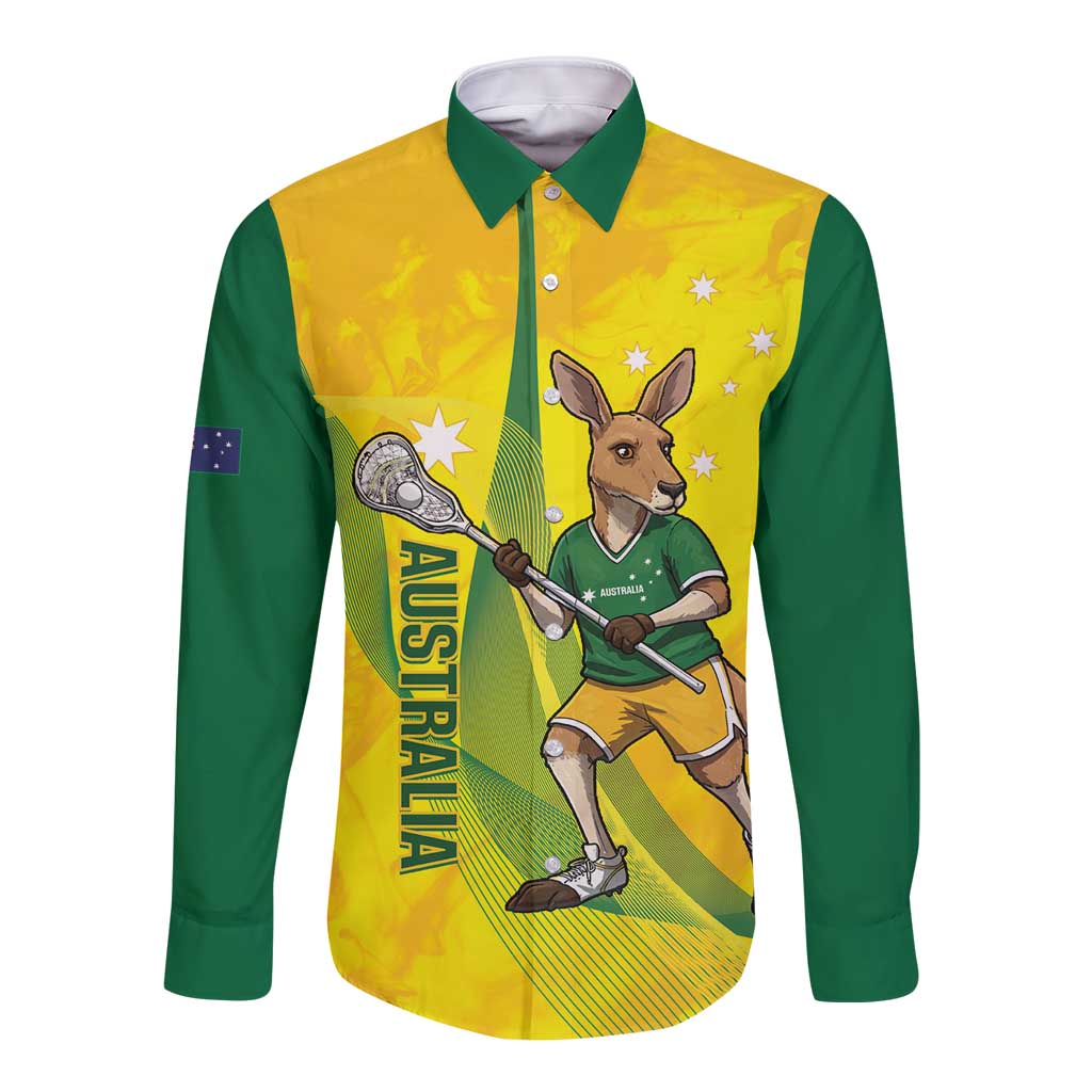 Personalised Australia Lacrosse Long Sleeve Button Shirt Go Aussie Kangaroo Dynamic Style