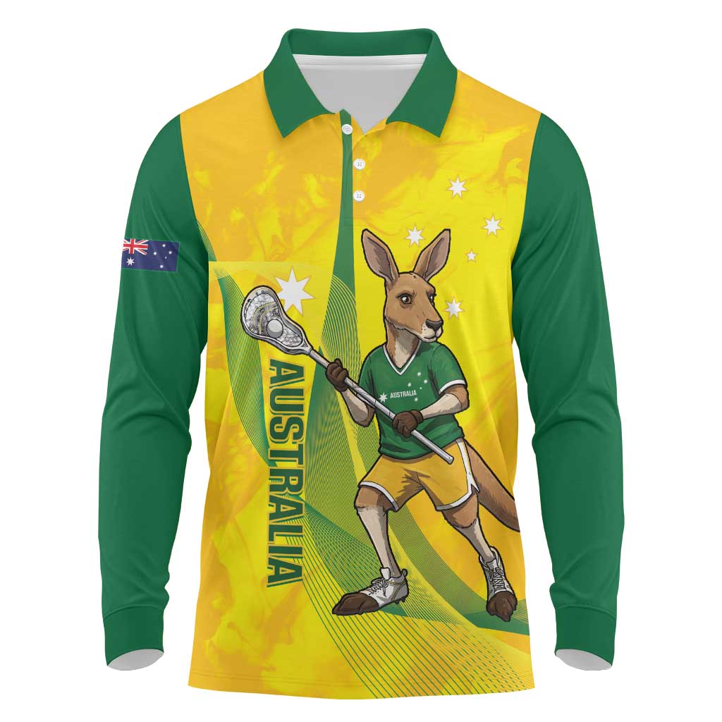 Personalised Australia Lacrosse Long Sleeve Polo Shirt Go Aussie Kangaroo Dynamic Style