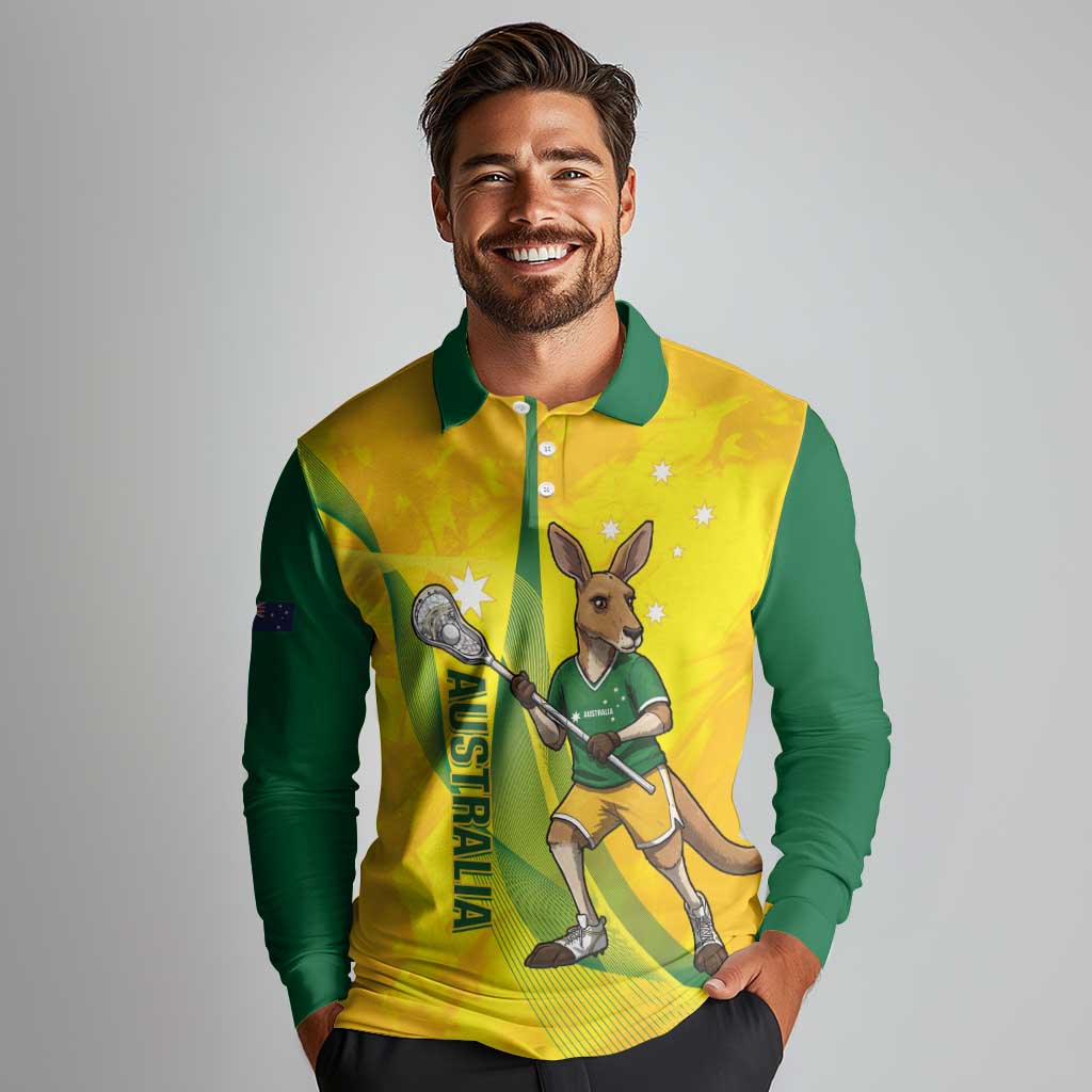 Personalised Australia Lacrosse Long Sleeve Polo Shirt Go Aussie Kangaroo Dynamic Style