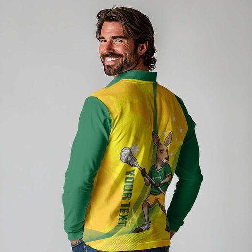 Personalised Australia Lacrosse Long Sleeve Polo Shirt Go Aussie Kangaroo Dynamic Style