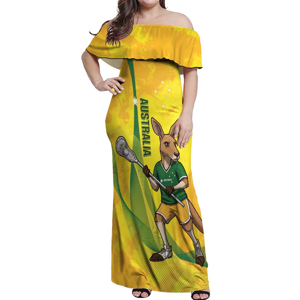 Personalised Australia Lacrosse Off Shoulder Maxi Dress Go Aussie Kangaroo Dynamic Style