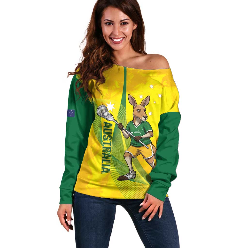 Personalised Australia Lacrosse Off Shoulder Sweater Go Aussie Kangaroo Dynamic Style