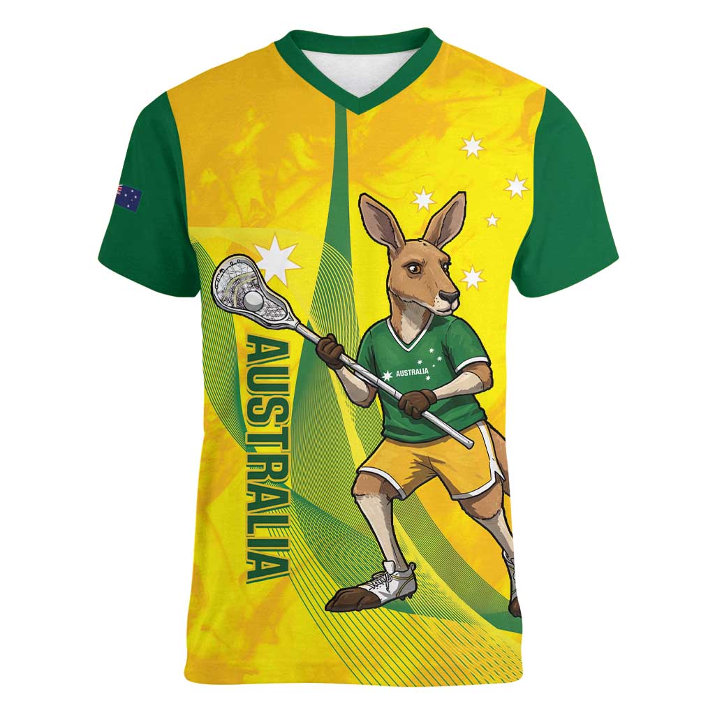Personalised Australia Lacrosse Women V-Neck T-Shirt Go Aussie Kangaroo Dynamic Style