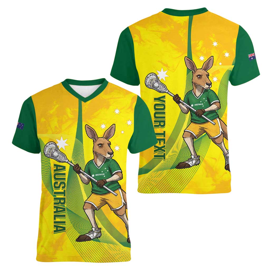 Personalised Australia Lacrosse Women V-Neck T-Shirt Go Aussie Kangaroo Dynamic Style