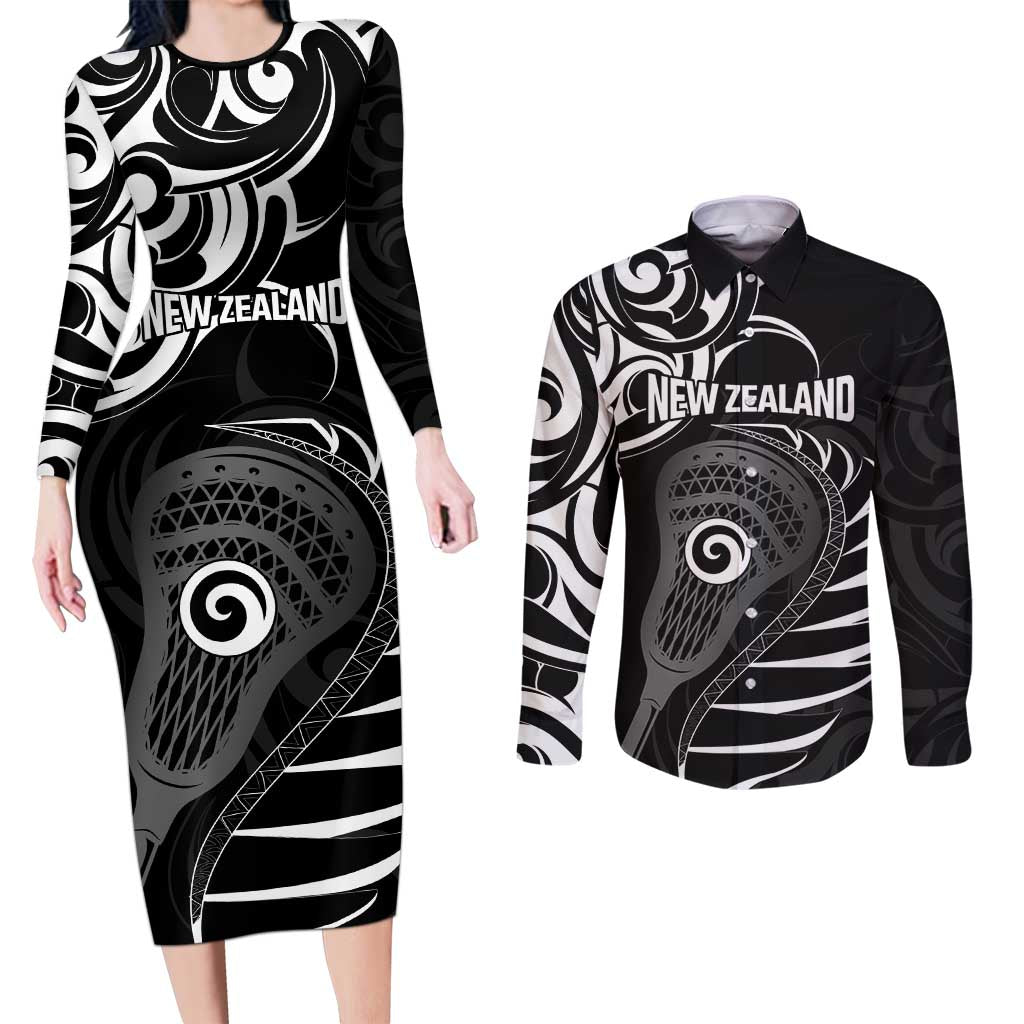 Personalised New Zealand Silver Fern Lacrosse Couples Matching Long Sleeve Bodycon Dress and Long Sleeve Button Shirt Aotearoa Maori Pattern